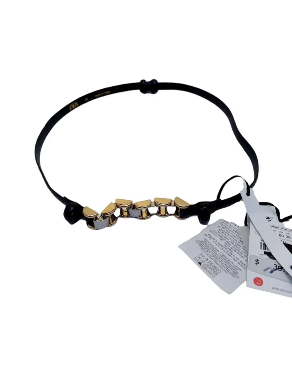 Zara Limited Edition Leather and link  Black Belt Size 30/80 Silver & Gold tone